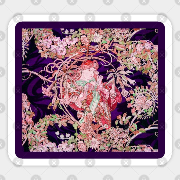 Woman with Daisy Among Pink Flowers ,Wild Roses,Floral Swirls Art Nouveau Portrait Sticker by BulganLumini